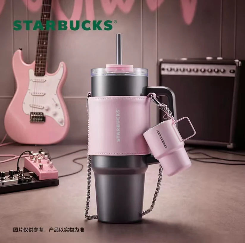 Termo de Acero Inoxidable negro con manga rosa y mini termo Starbucks China 2026 Ballet online Series