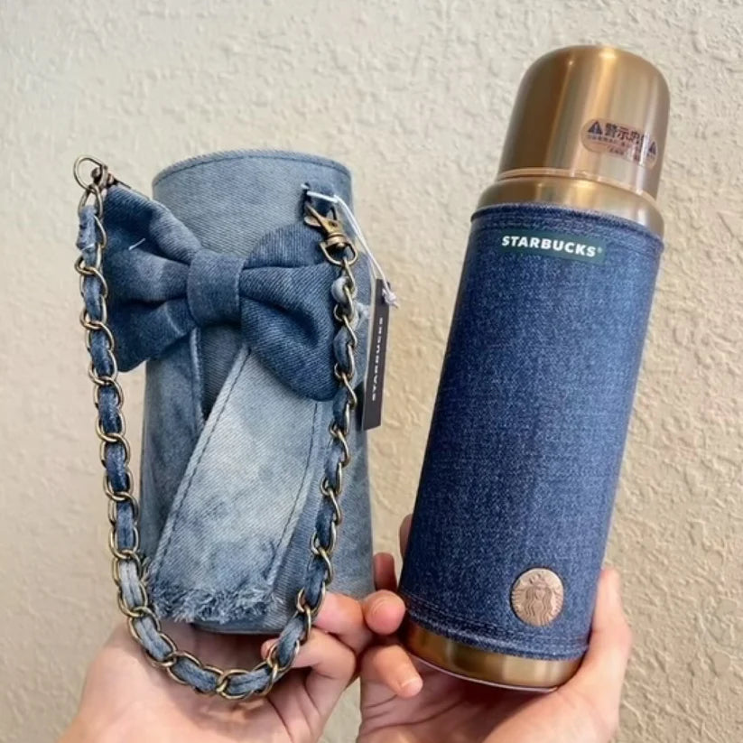 Starbucks China 2026 Denim series stainless steel retro thermos cup coming with bow sleeve 460ml