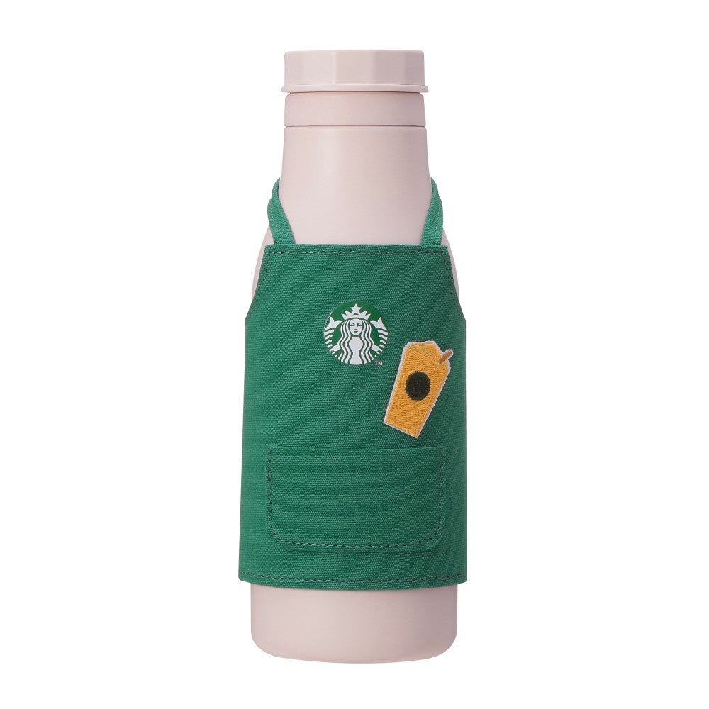 Parche de manga para delantal de barista con botella de acero inoxidable personalizada, Frappuccino de té de la pasión y mango