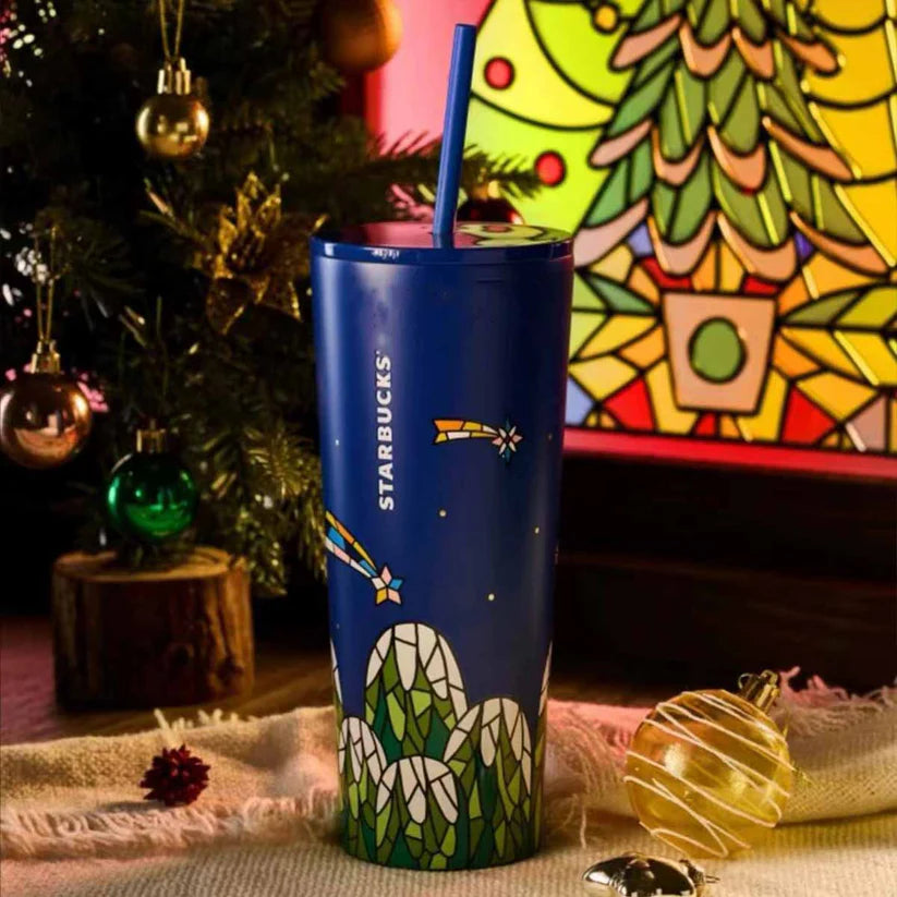 Vaso de acero inoxidable con popote Starbucks China 2024 Christmas Colorful Kaleidoscope Series 840ml