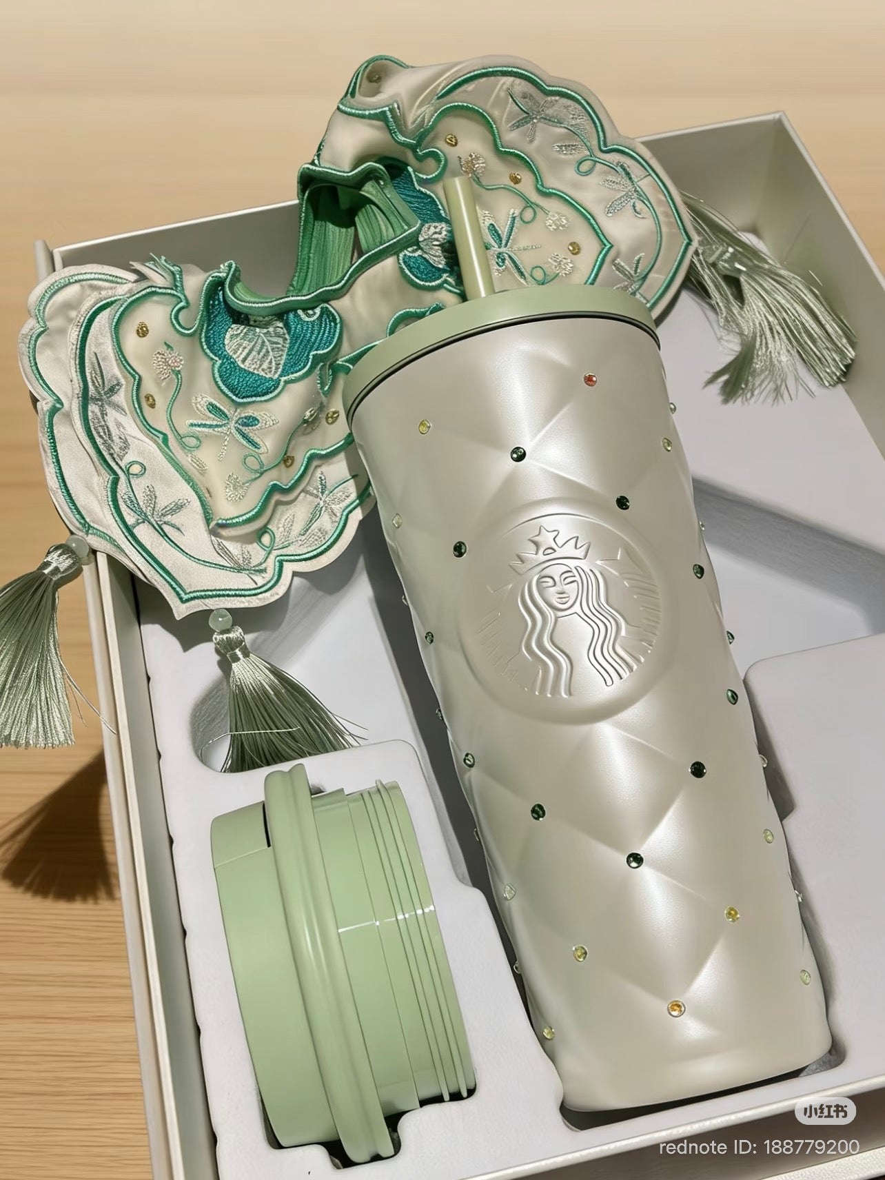 Starbucks 2026 China Spring Fresh Green White Diamond SS Tumbler with 2 Lids and Gift Box