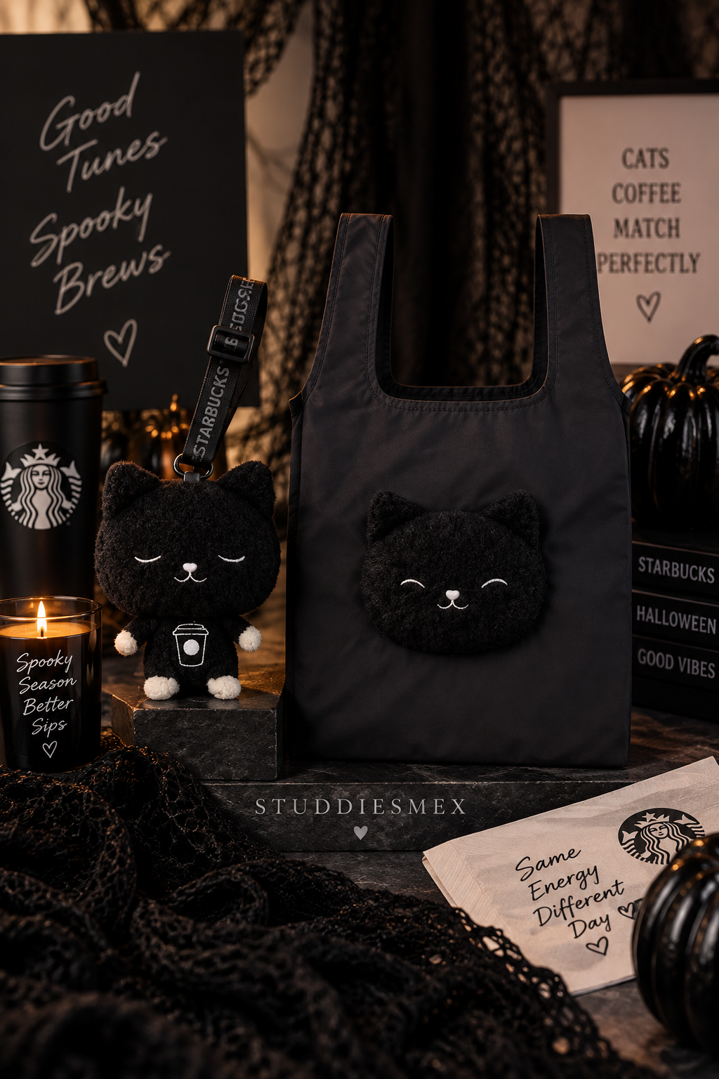Starbucks 2026 TW Halloween Black Cat Storage Bag + Plush Keychain
