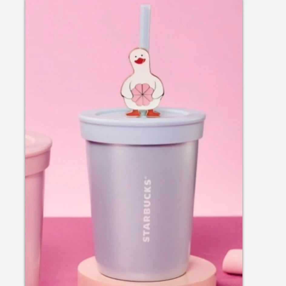 Vaso de acero inoxidable azul con popote Starbucks China 2026 Pupu Duck Valentine's Day series 450ml 15.84oz