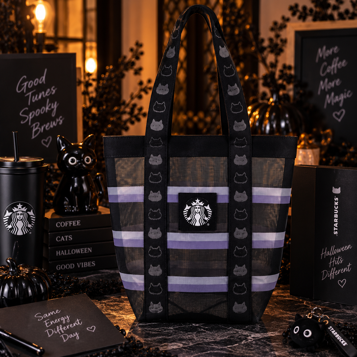 Starbucks Taiwan 2026 Halloween Black Cat Striped Mesh Tumbler Bag