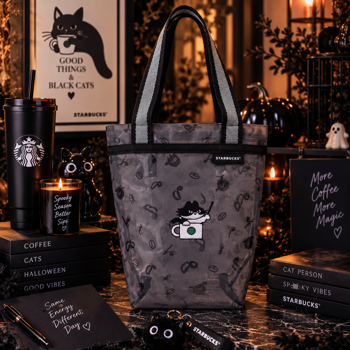 Starbucks Taiwan 2026 Halloween Black Cat Spirit Mesh Tumbler Bag