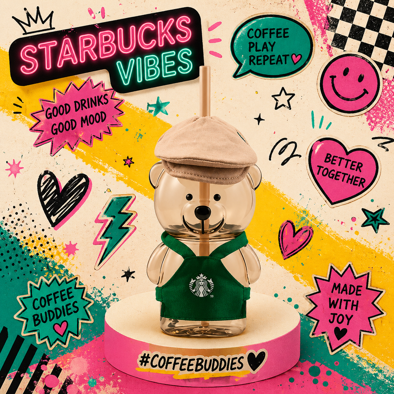 Vaso Bearista de vidrio con delantal verde Starbucks Shanghai 2026 New Character Series Bearista Glass 16oz