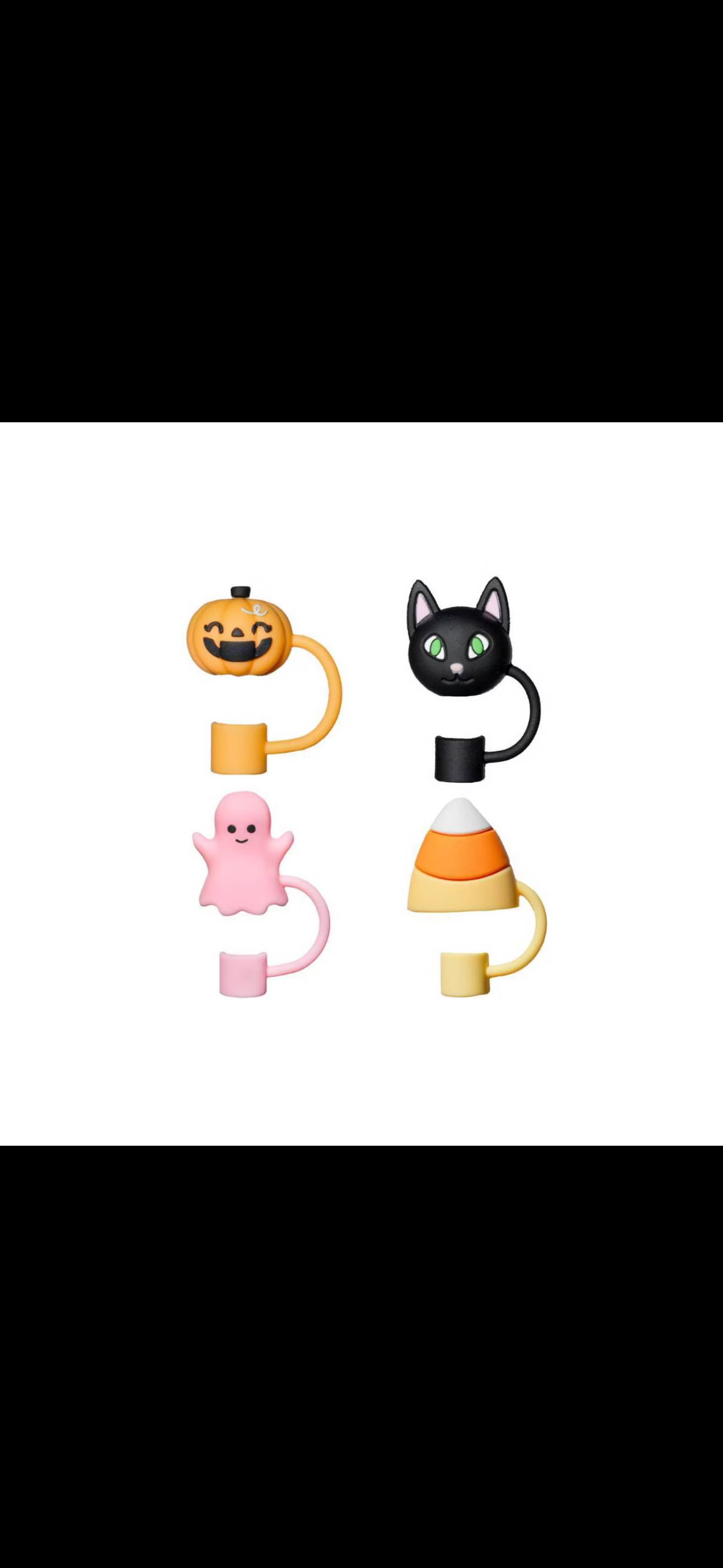 CharCharms 4pk Straw Toppers Gatito, calabaza, fantasma rosa, candy corn