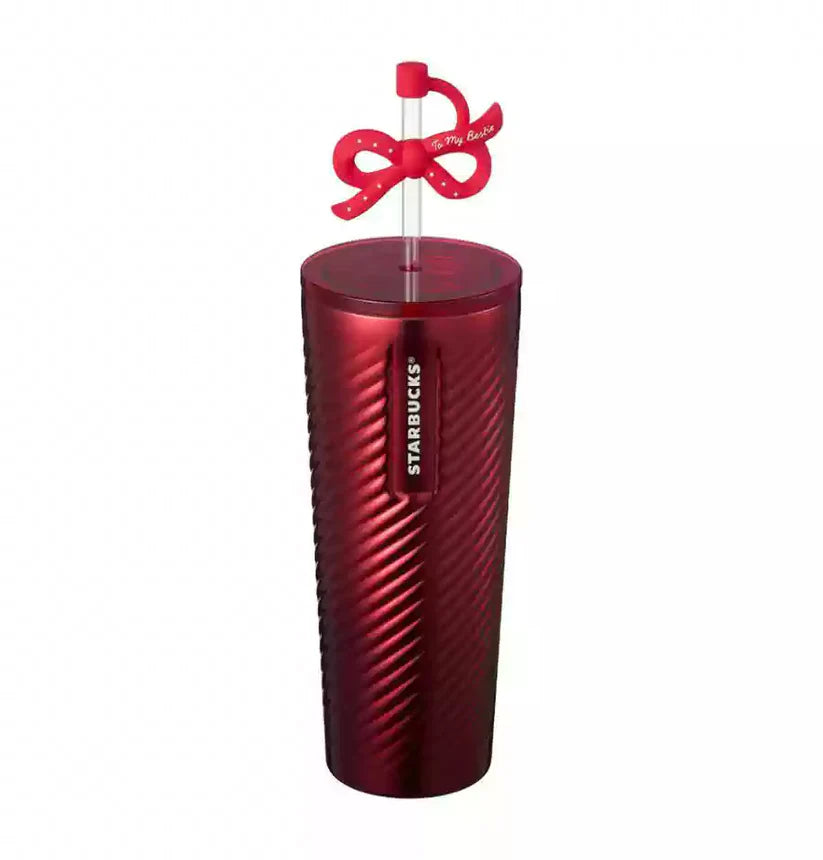 Vaso Rojo de ascero inoxidable con popote y strawtopper de moño Starbucks Korea 2024 Christmas Season1