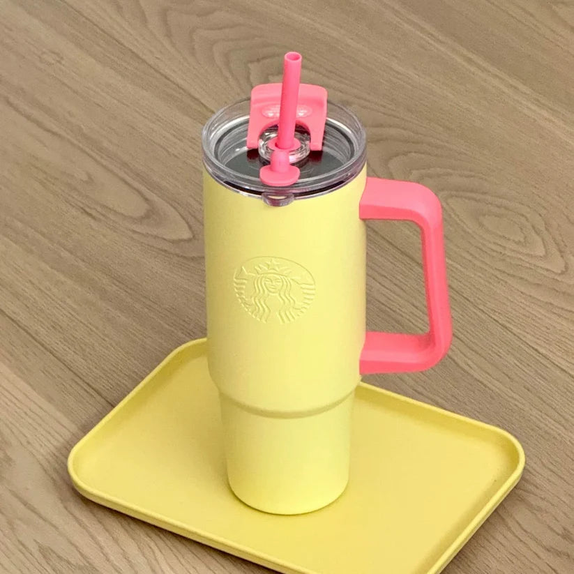 Starbucks China 2025 Trendy Colorblock Yellow Pink Stainless Steel Straw Cup with Handle