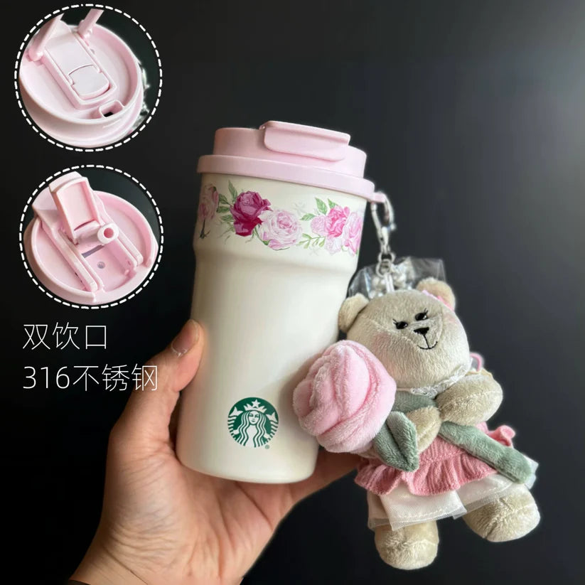 Vaso de Acero Inoxidable con doble boquilla y oso de peluche Starbucks China 2026 Rose Garden series 455ml 16.01oz