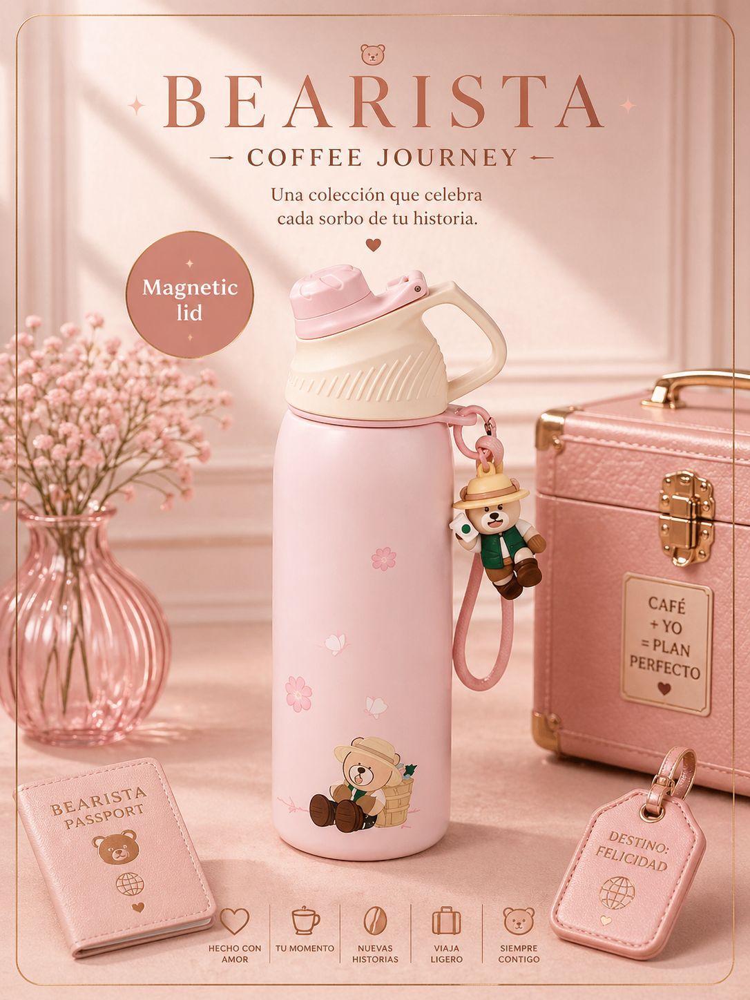 Botella para agua rosa de acero inoxidable con llavero de Bearista Starbucks Thailand 2026 Bearista's Coffee Journey series