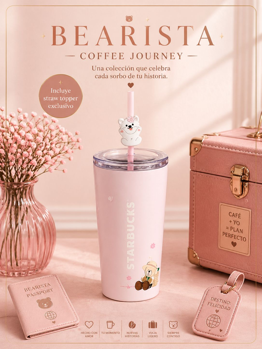 Vaso de acero inoxidable rosa Starbucks Thailand 2026 Bearista's Coffee Journey series Pink Cold Cup 20oz