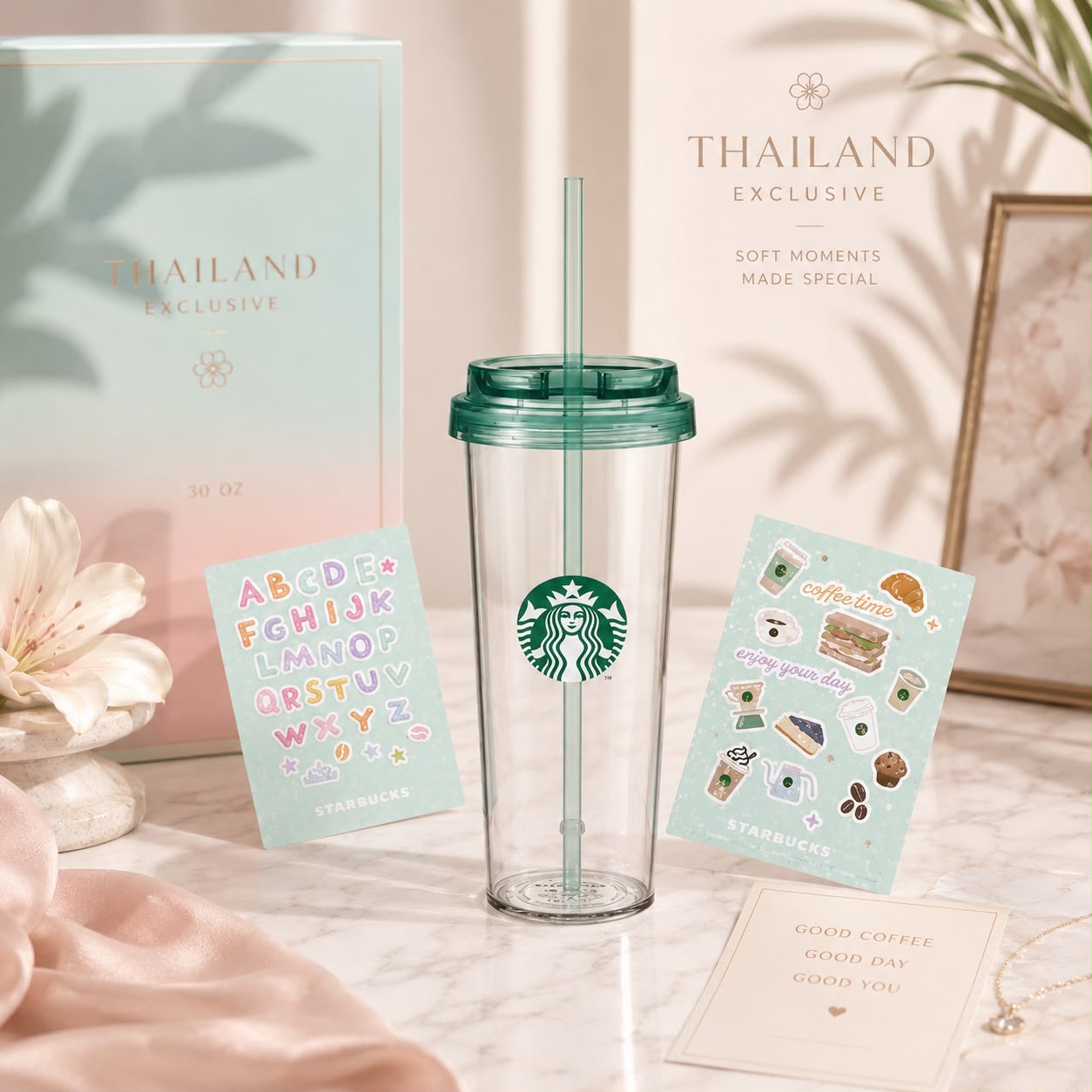 Vaso de plástico transparente de 30 oz de Starbucks Tailandia 2026 con pegatinas