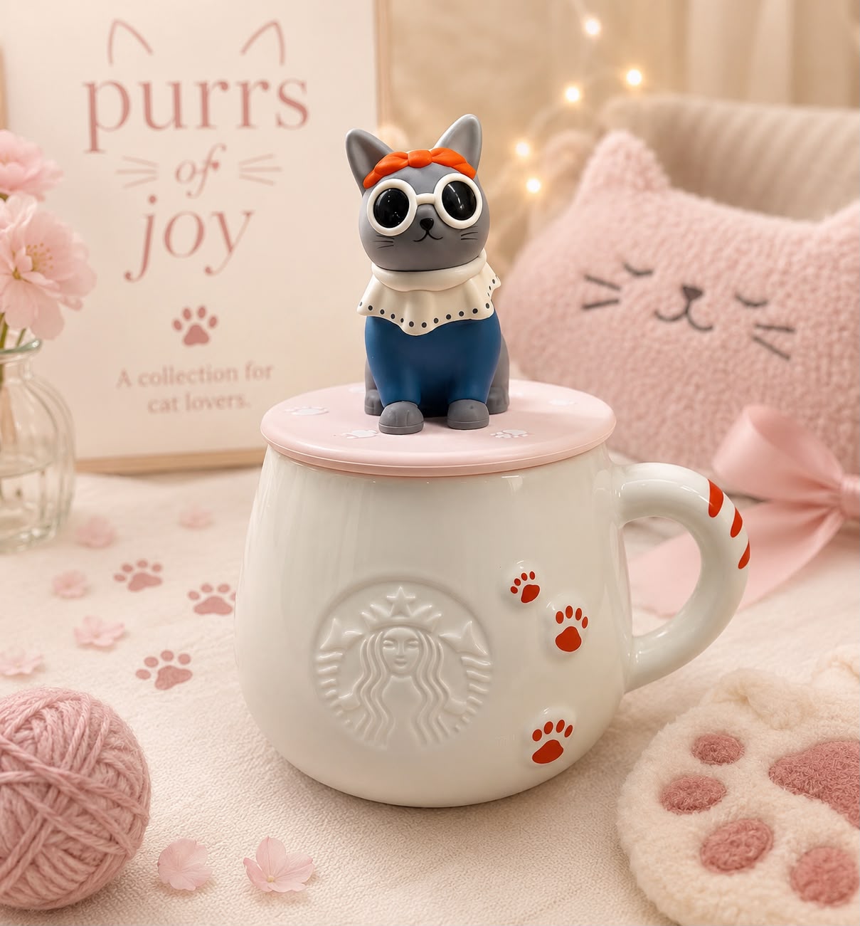Taza de ceramica con tapa Starbucks Asia 2026 Purrs of Joy Series White Mug