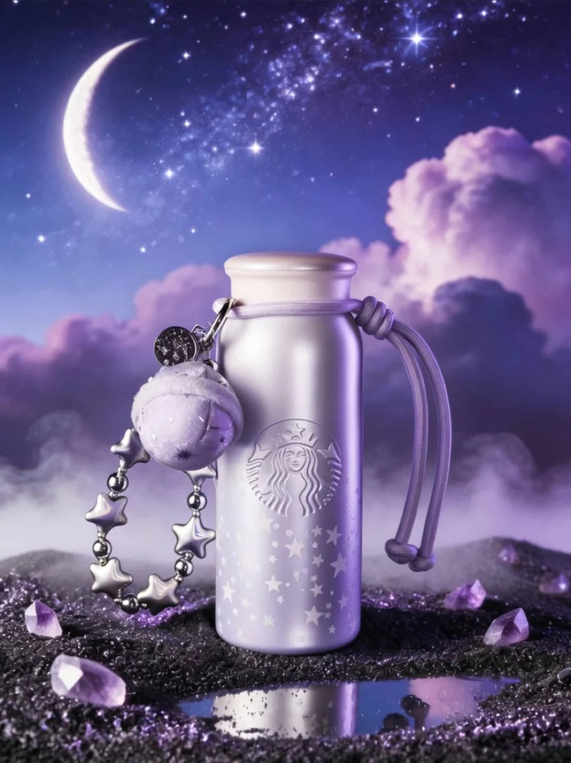 Starbucks China 2026 Purple Night Star River series 420ml luminous stainless steel cup with planet pendant