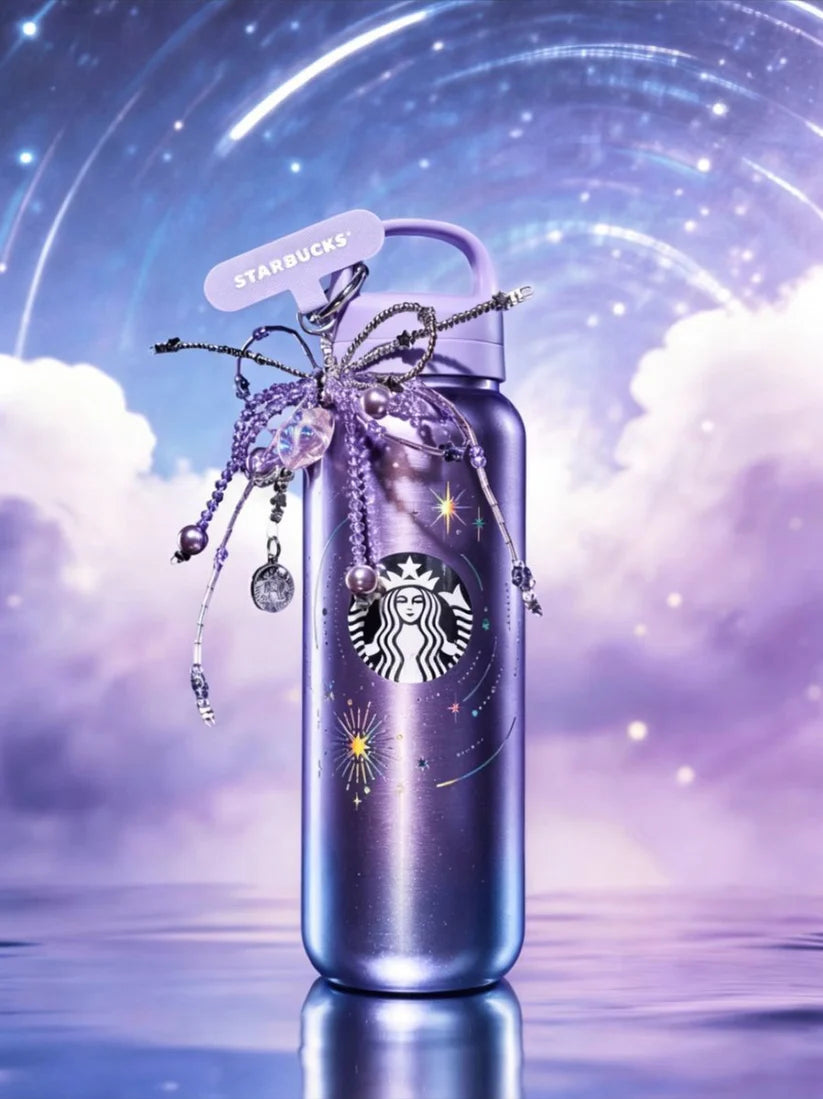 Starbucks China 2026 Purple Night Star River series 520ml stainless steel thermos cup with shiny beaded pendant