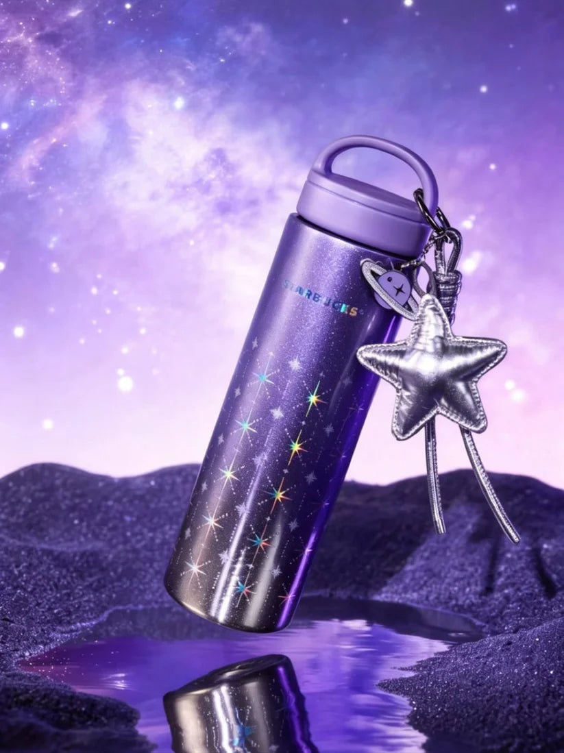 Starbucks China 2026 Purple Night Star River series 700ml star style stainless steel thermos cup with star pendant