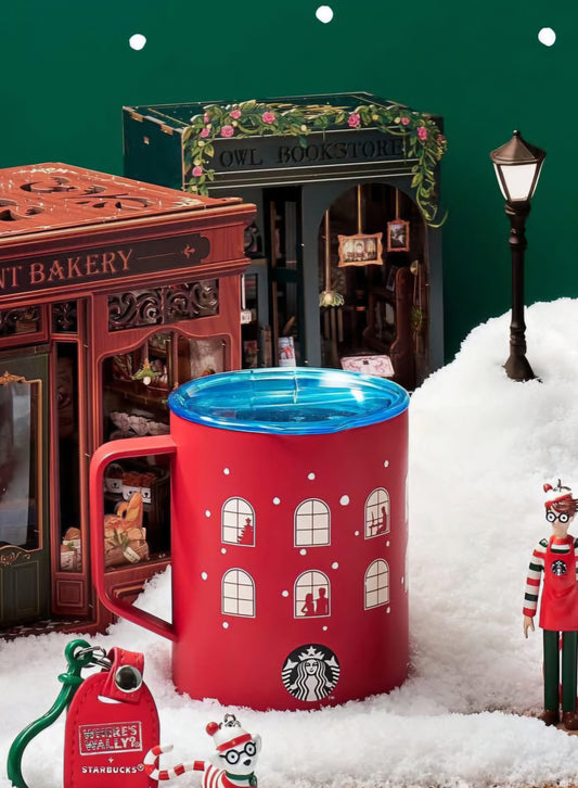 Taza de acero rojo con tapa azul Wheres Wally? Starbucks Series 473ml