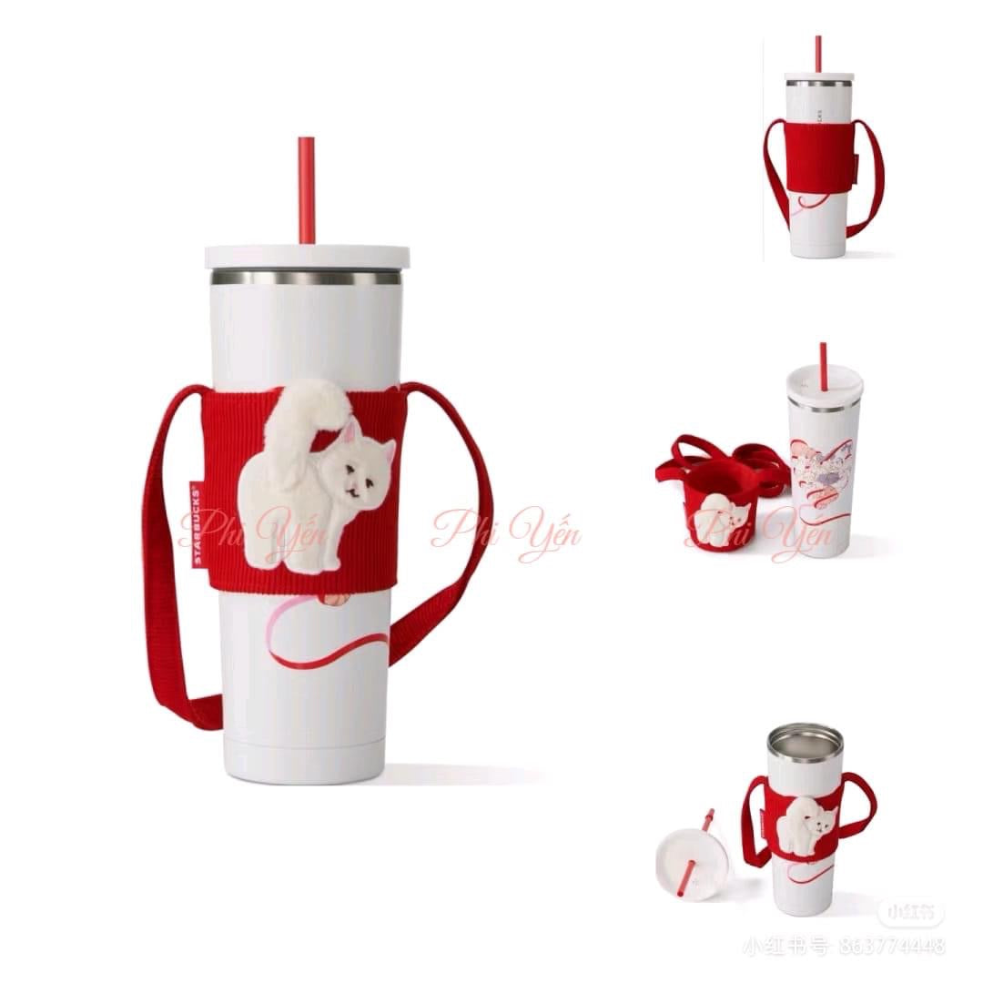 27oz China Valentine Cats and Ribbon Stainless Steel Straw Cup with Carrier