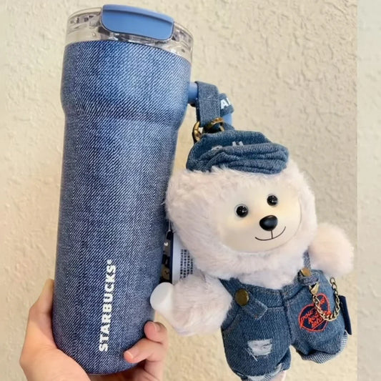 Starbucks China 2026 Denim series stainless steel handle straw cup coming with Bearista pendant 690ml