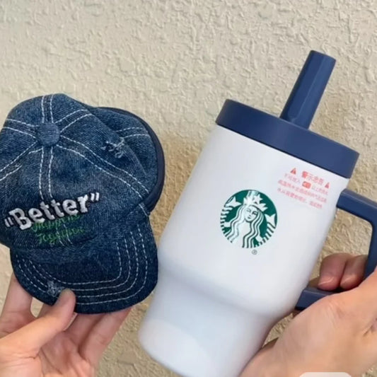 Starbucks China 2026 Denim series stainless steel handle straw cup coming with peaked cap pouch pendant 480ml