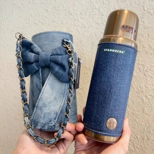 Starbucks China 2026 Denim series stainless steel retro thermos cup coming with bow sleeve 460ml