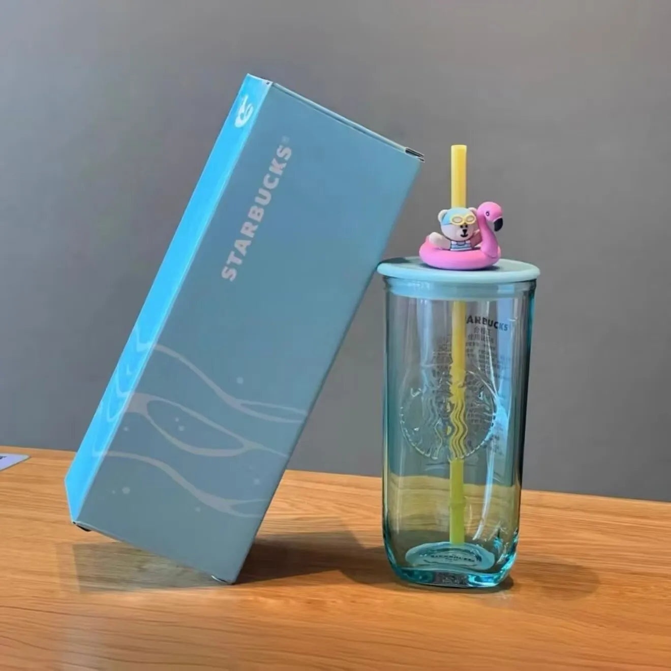Starbucks 2025 China Happy Summer Blue Flamingo Bear Triangle 12oz Glass Cup