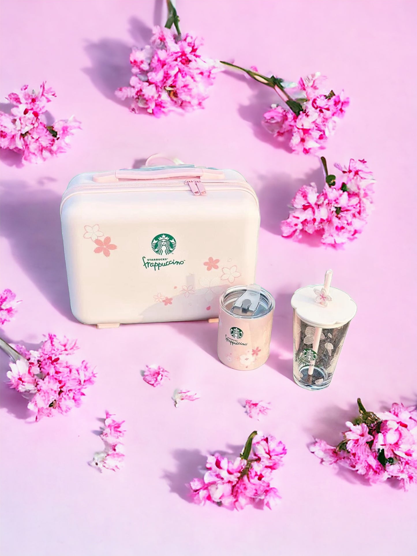 Set Rosa Sakura para Amantes del Café: Vaso Frappuccino con Popote y vaso de Acero Inoxidable