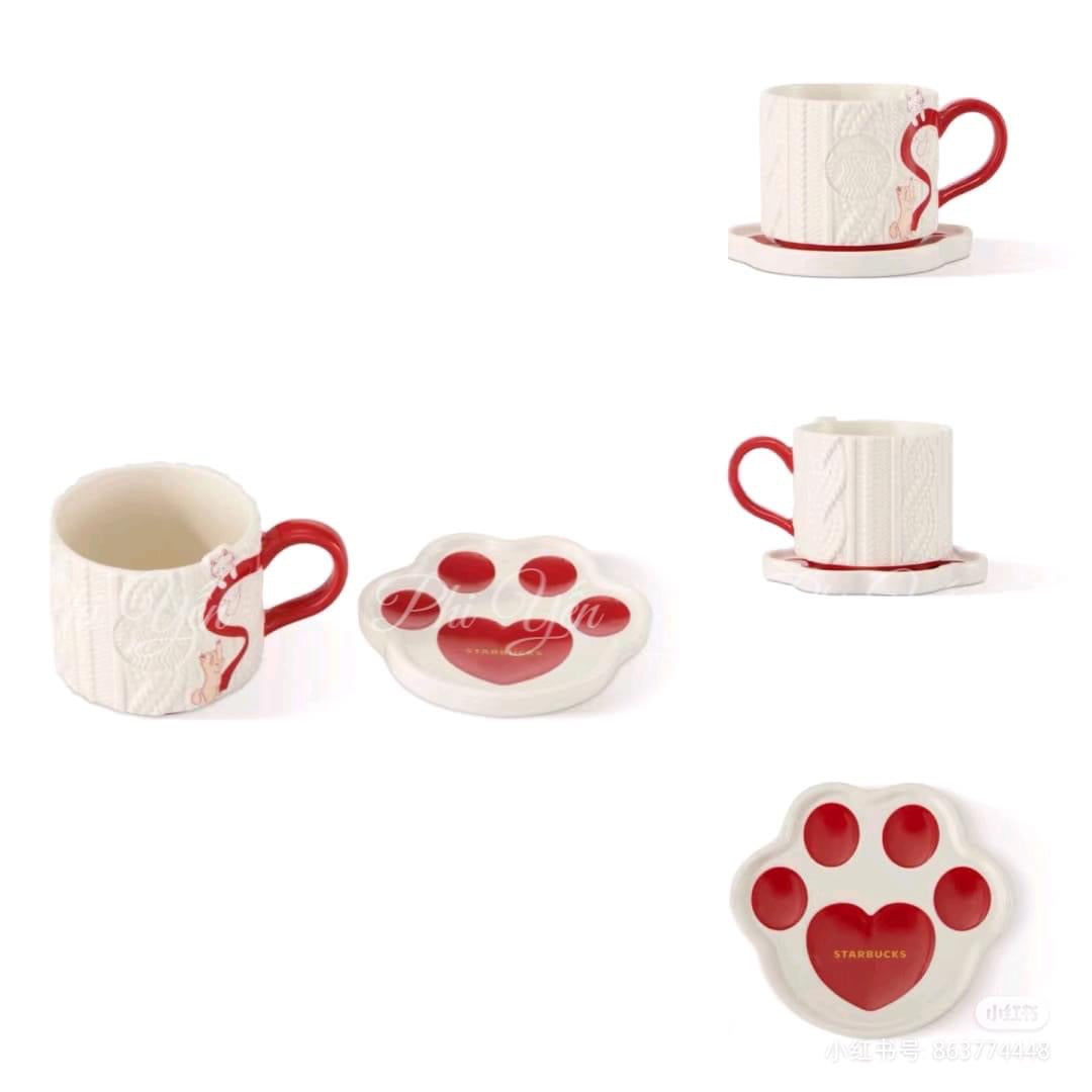 China Valentine Knit Wool Cat Paw Ceramic Mug with Saucer