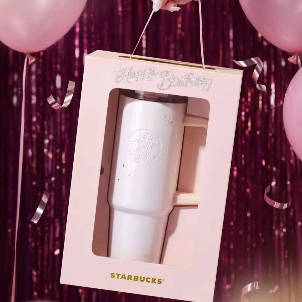 Termo de cumpleaños de acero inoxidable con popote Starbucks 2026 China Happy Birthday White 31oz