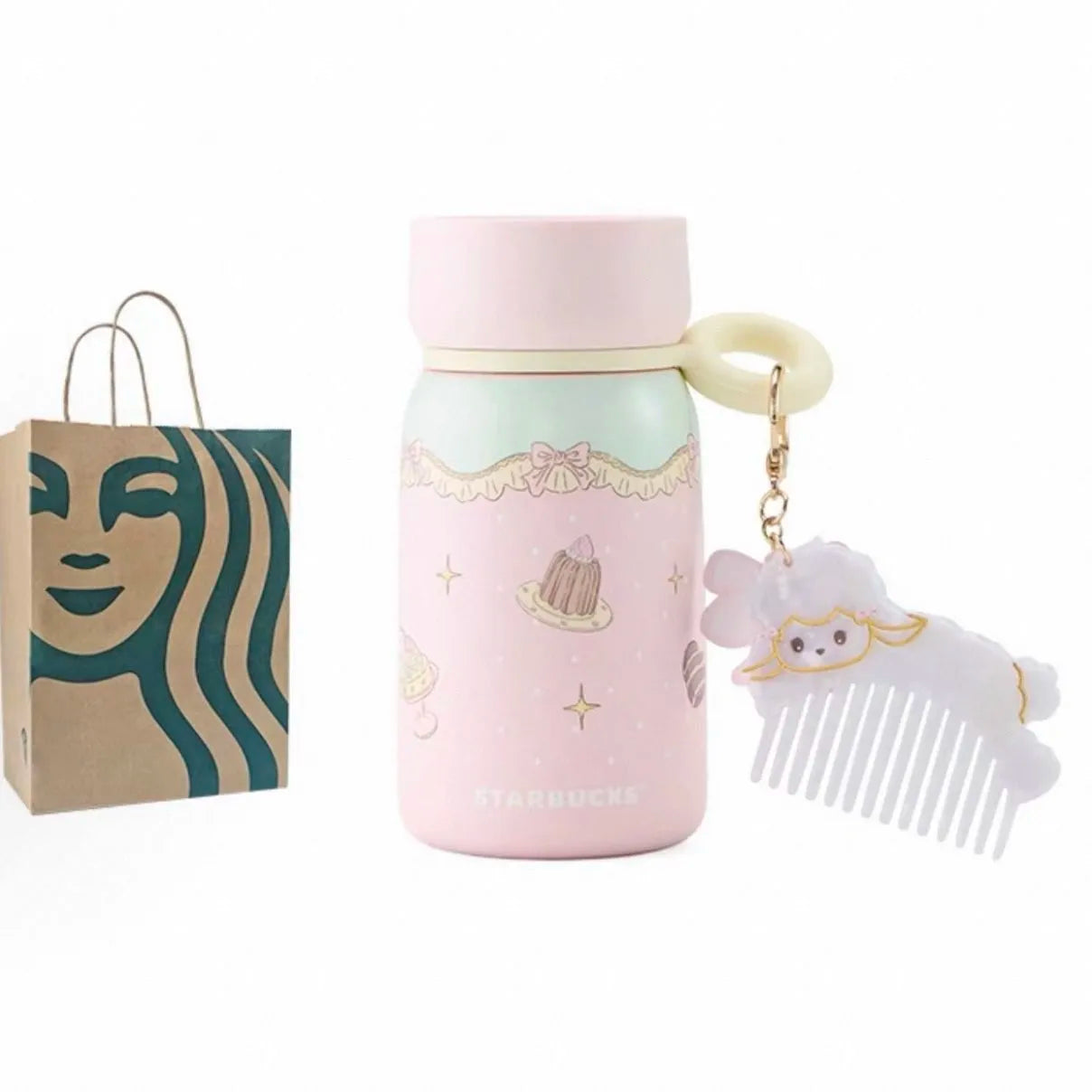 Termo rosa de acero inoxidable  con llavero de peine Starbucks 2026 China Summer Dessert Party Pink 10oz