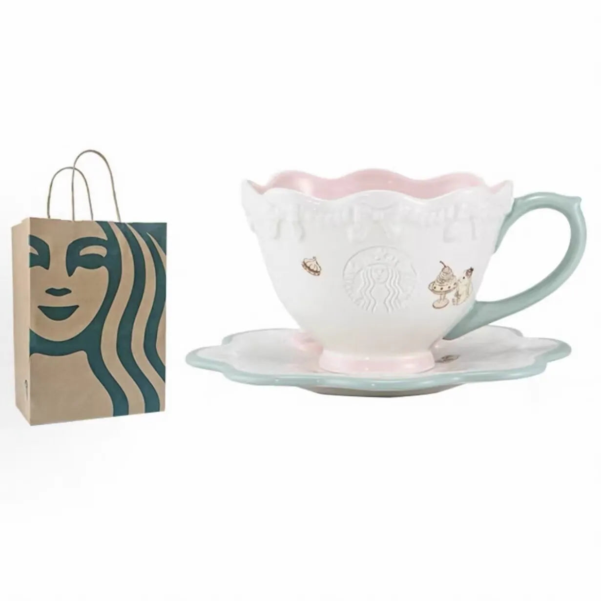 Taza de cerámica con portavaso Starbucks 2026 China Summer Dessert Party Pink Relief 9oz