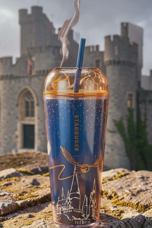 Vaso Harry Potter Golden Snitch Azul con Tapa Domo y Popote | Caja de Regalo