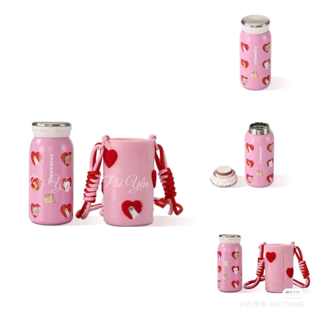 China Valentine Pink Heart Cats Stainless Steel Tumbler with Pouch 12oz