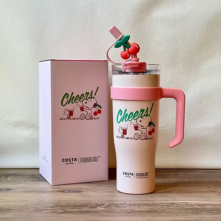 Termo de Acero Inoxidable rosa Snoopy Double Drinking Ways Cherry SS Cup Snoopy  x Costa Coffee 2026