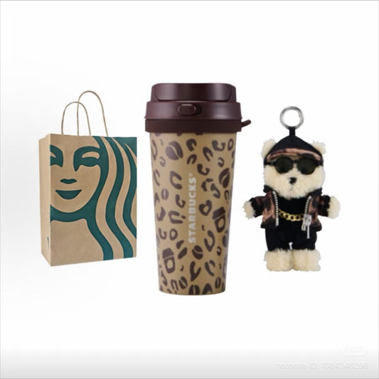 Starbucks China 2026 Leopard Print Series 500ml acero inoxidable con bearista peluche