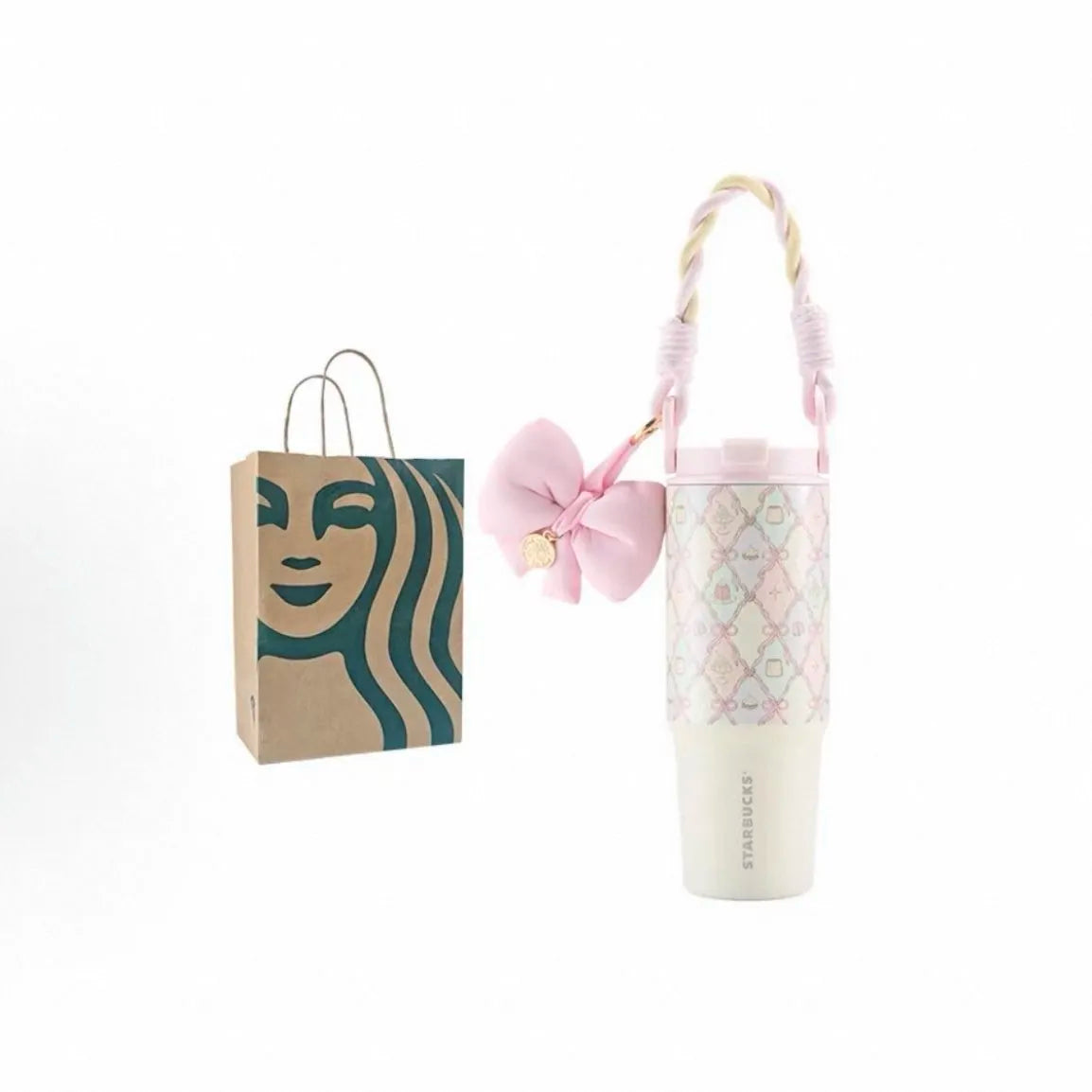 Termo de acero inoxidable con llavero de moño Starbucks 2026 China Summer Dessert Party Pink 28oz