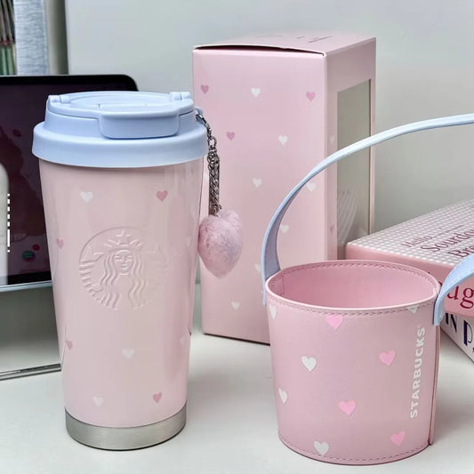 Vaso Starbucks 2025 China Pink Heart de acero inoxidable de 16 oz con funda