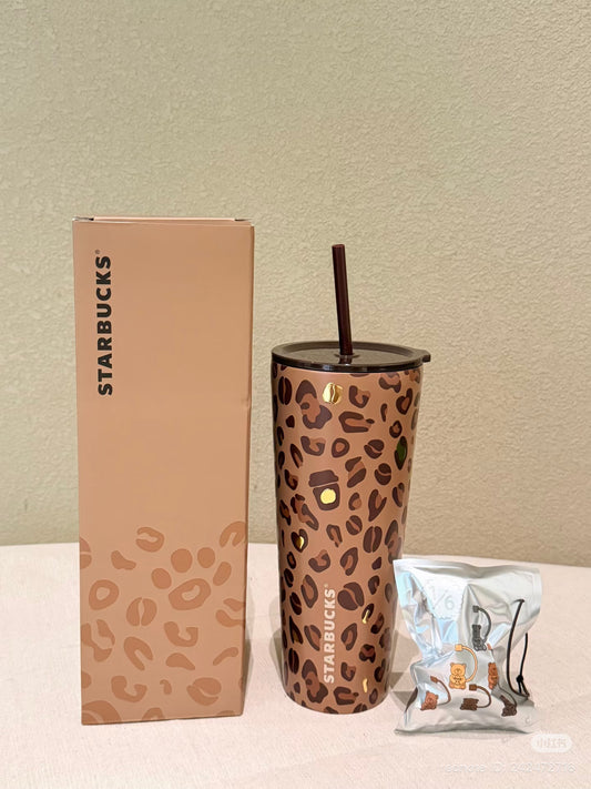 Vaso con popote de acero inoxidable con diseño de leopardo y tapa de oso, Serie Leopard Print, China 2026