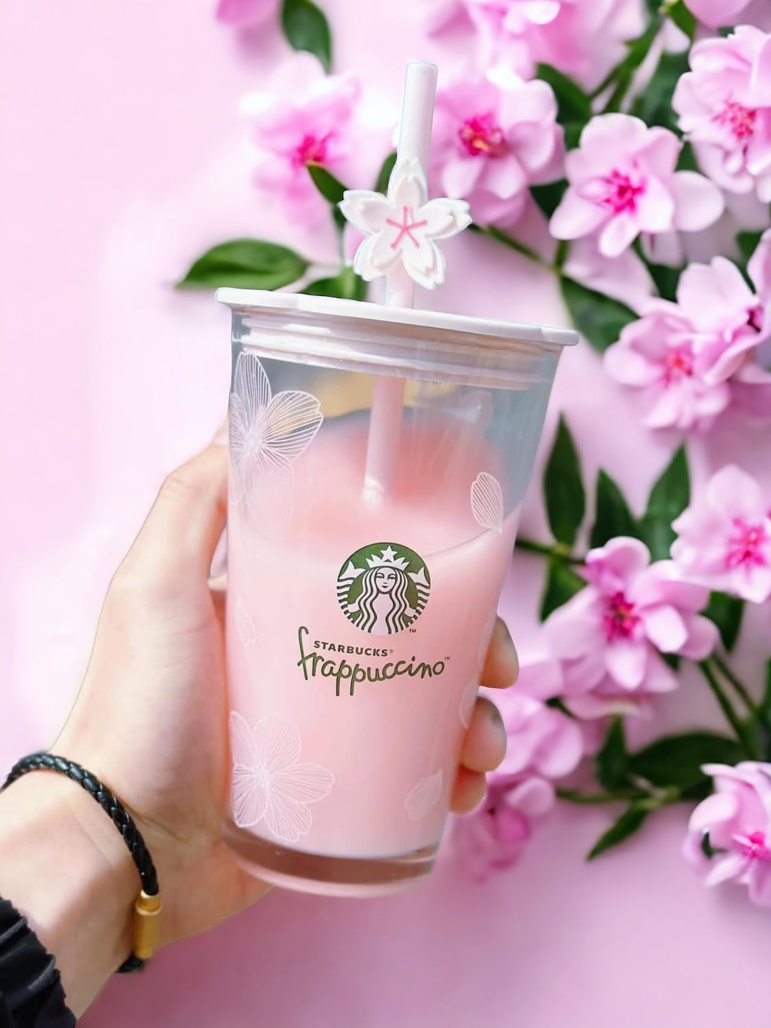 Set Rosa Sakura para Amantes del Café: Vaso Frappuccino con Popote y vaso de Acero Inoxidable