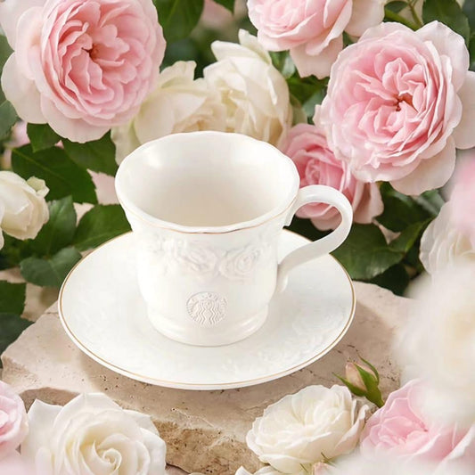 Starbucks blossom 2026 China Kaleidoscope Rose White Relief 9oz taza con portavasos