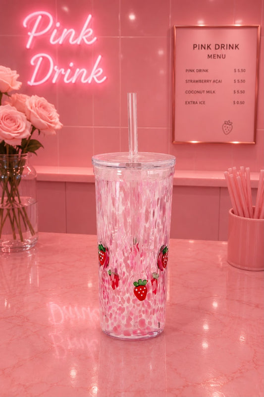 Vaso cristal con popote pink drink collection