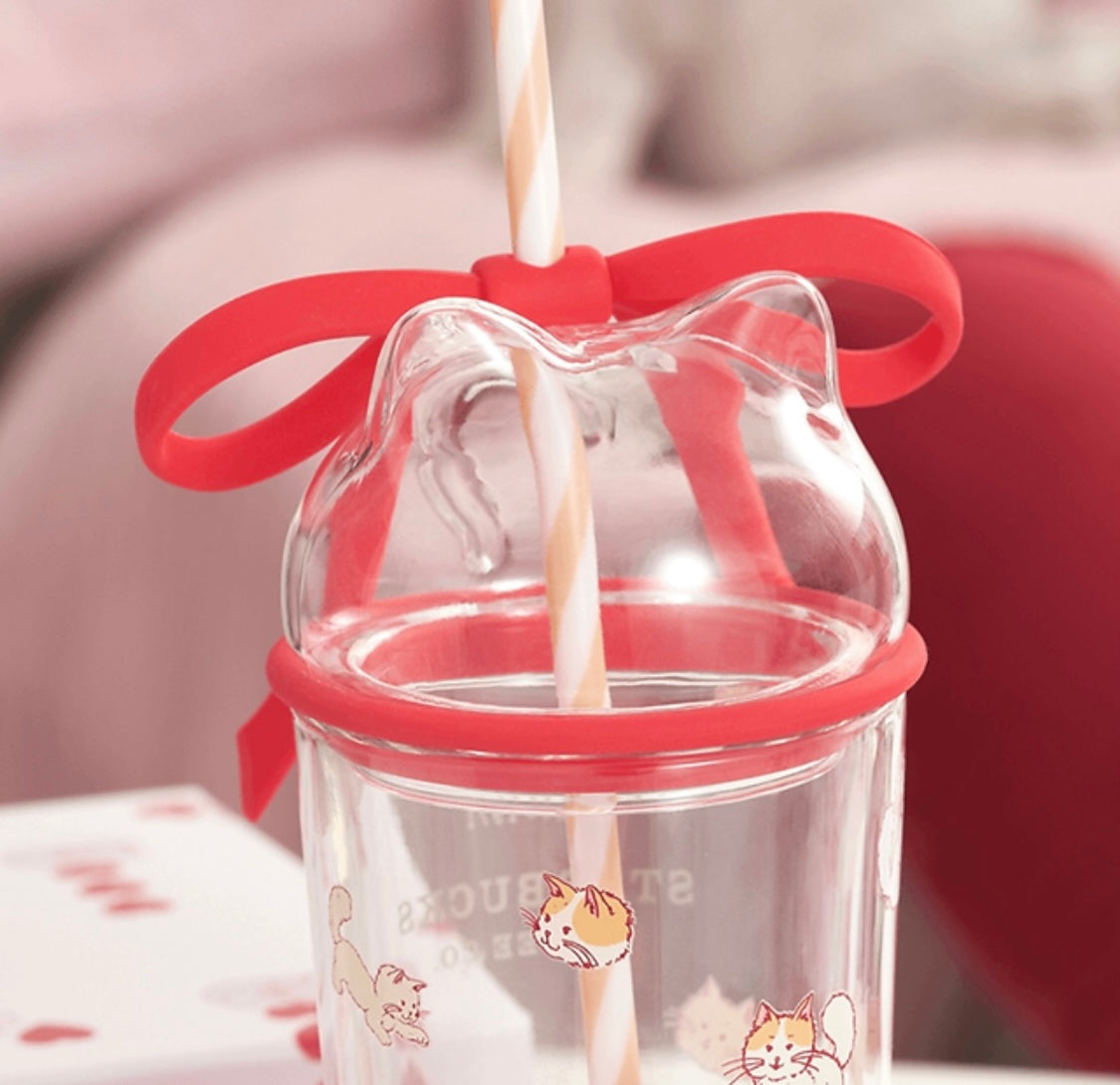 China Valentine Cats and Bow Double Walled Straw Glass Cup
400ml