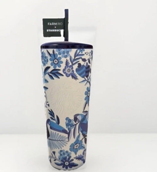 Starbucks 24oz Limited Edition Farm Rio White Blue Floral Cold Cup Summer 2025