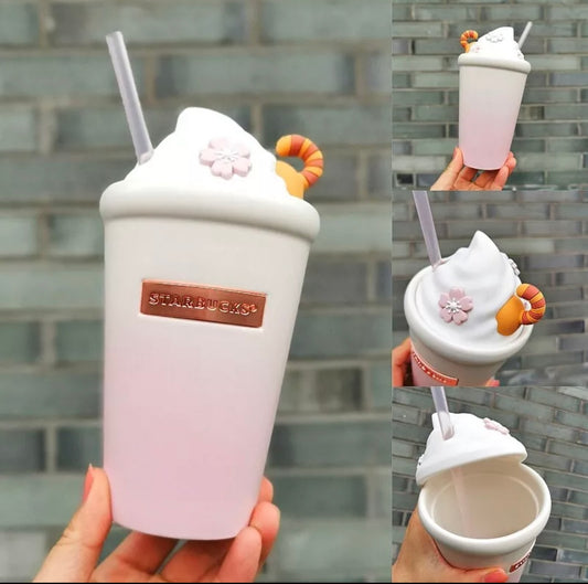 Vaso de Cerámica China Rosa Starbucks 2021 Cream Silica Gel Cover 16oz