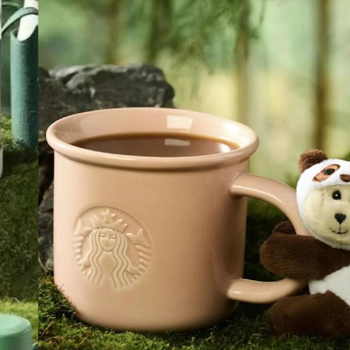 Taza rosa con llavero de Panda Starbucks China Traveling Panda series  330ml