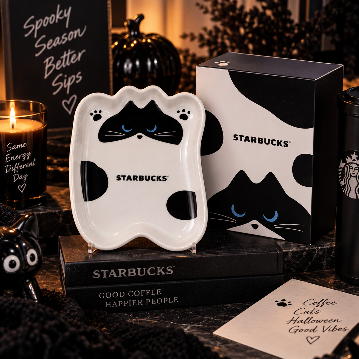 Starbucks Taiwán Halloween 2026 | Plato Gato Negro