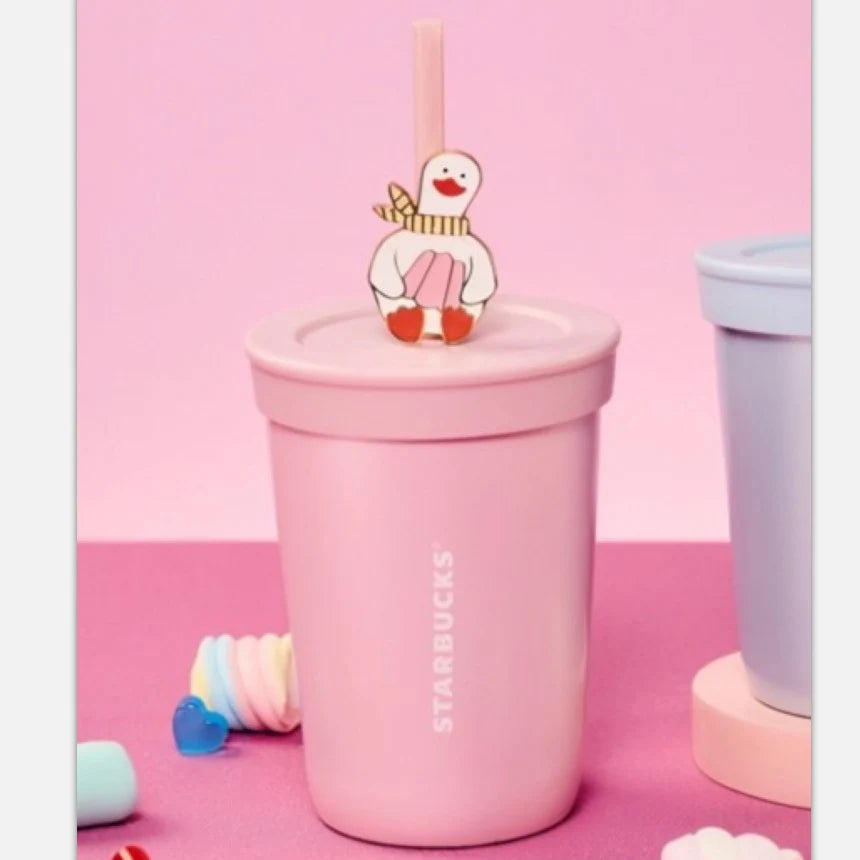 Vaso de acero inoxidable rosa con popote Starbucks China 2026 Pupu Duck Valentine's Day series 450ml 15.84oz
