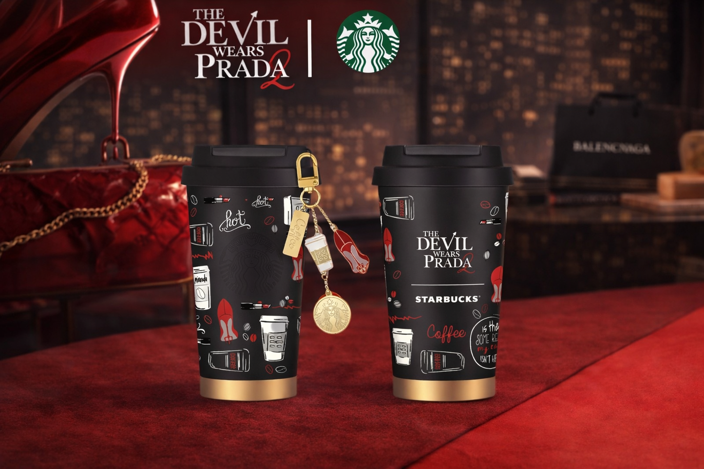 Vaso Térmico Starbucks x The Devil Wears Prada Blanco/Negro con Charm – Acero Inoxidable 500 ml Edición China