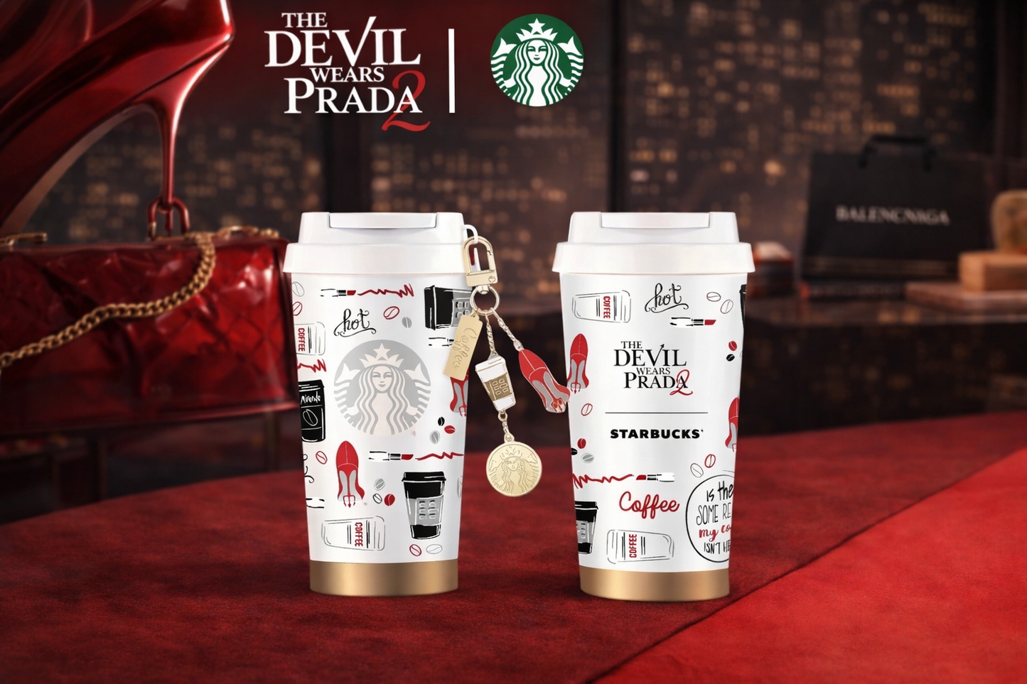 Vaso Térmico Starbucks x The Devil Wears Prada Blanco/Negro con Charm – Acero Inoxidable 500 ml Edición China